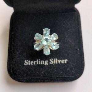 Blue Topaz sterling silver ring. New Sz 5 1/2 Faceted Floral.  Genuine, Boxed